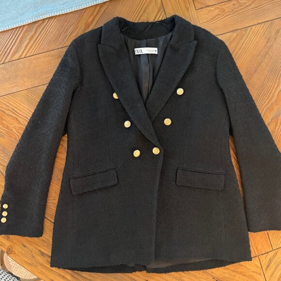 Zara Double Breasted Boucle Blazer with Gold Buttons  BLACK Size XL - Picture 2 of 5